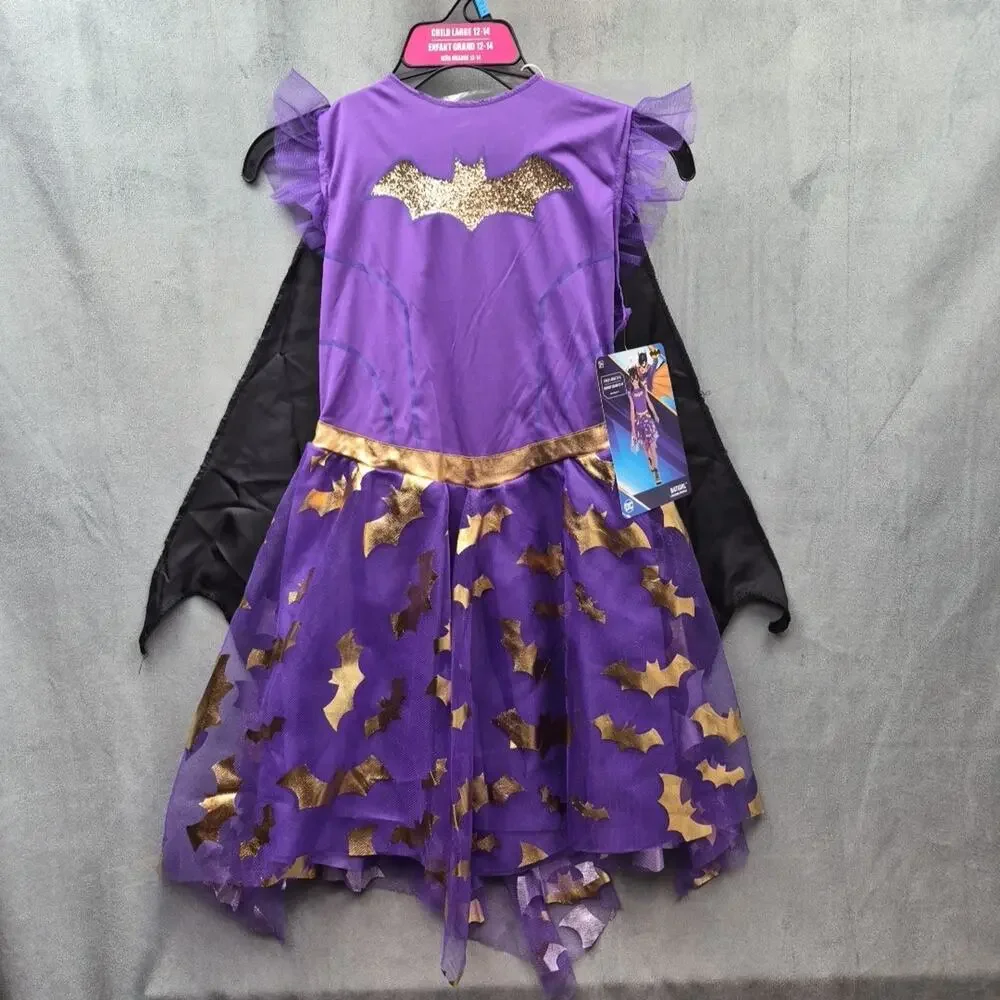 DC Comics Batgirl Purple Gold Dress Costume Cape Youth Halloween Cosplay L 12-14